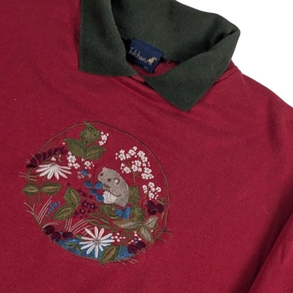 Tulchan Vintage Embroidered Animal Floral Collared Sweatshirt Burgundy Red M